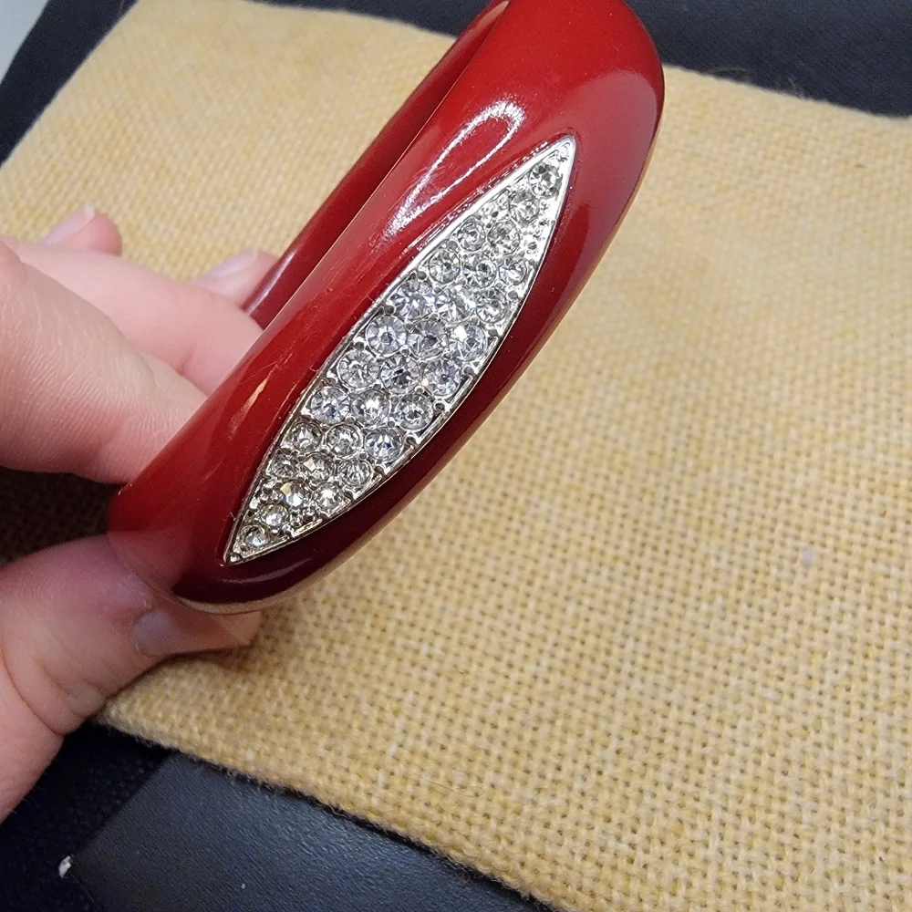 Red Lucite Pave Accent Bangle Bracelet Rouge Red Bracelet Accent Diamond Pave